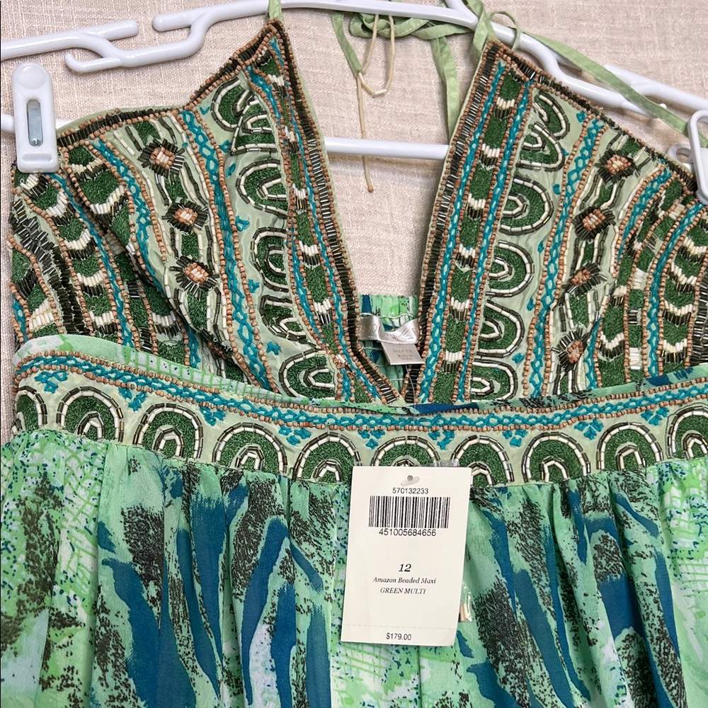Boston Proper Embellished Green Print Halter Beaded Maxi Dress - Picture 3 of 6